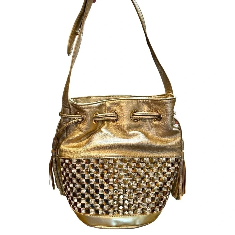 GALIAN, GOLD, BUCKET BAG WITH SIERRA RHINESTONES. ADJUSTABLE STRAP.